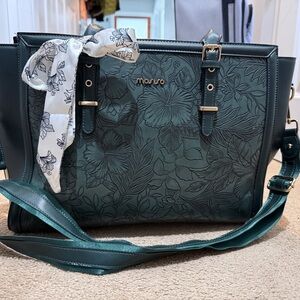 Mossio Embossed Floral Tote Bag — Deep Teal Green | Excellent Condition